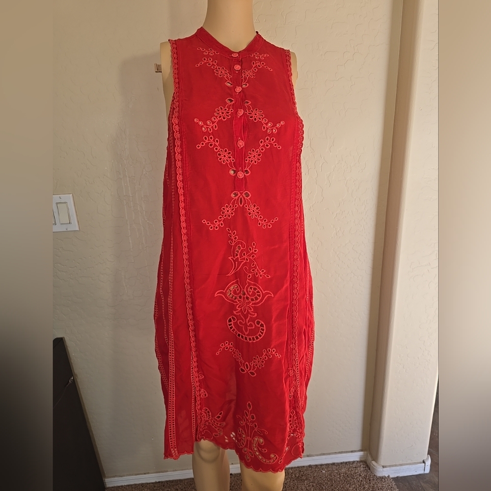 Johnny Was Rhodes Scarlet Embroidered Red Eyelet Sleeveless Mini Dress